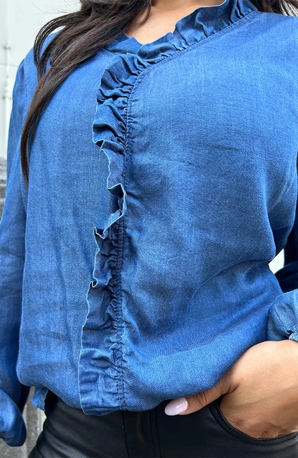 YunaWear | Elina Ruffle Denim Blouse