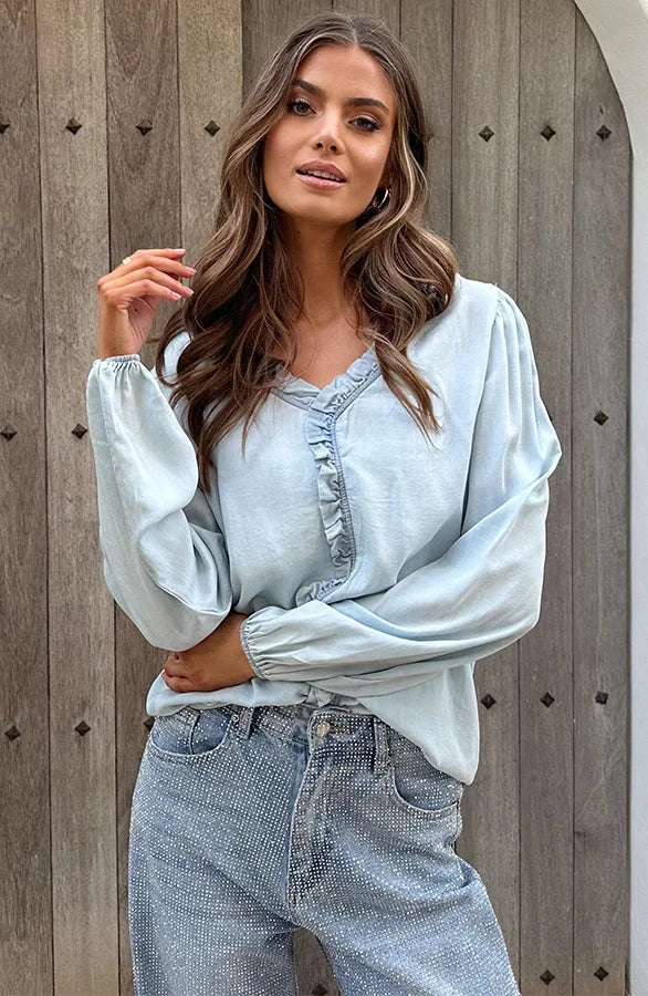 YunaWear | Elina Ruffle Denim Blouse